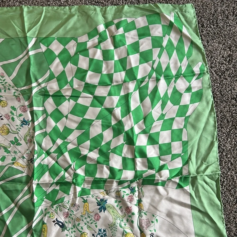 GUMPS 100% Silk Scarf Green White Floral Checkerboard Luxury Scarf